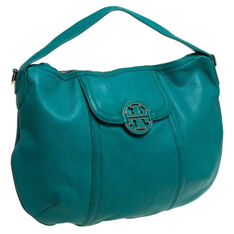 Pre Owned Tory Burch Teal Blue Leather Amanda Flat Hobo