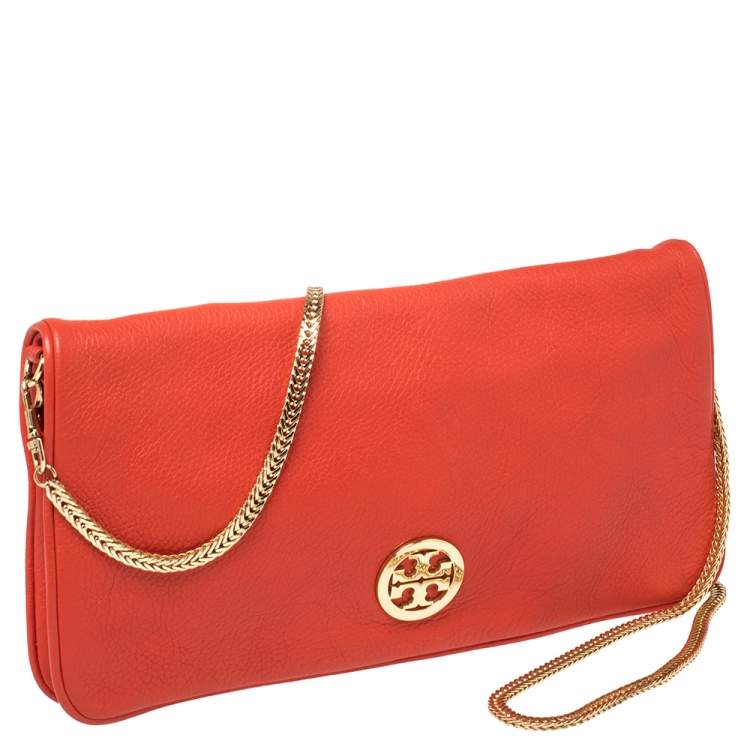 Pre Owned Tory Burch Red Leather Logo Chain Clutch 
