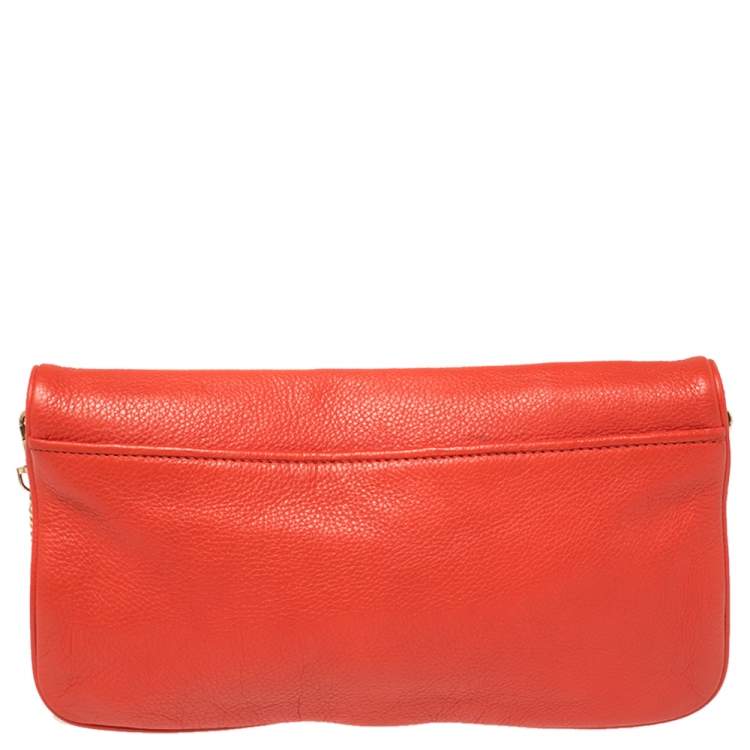 Pre Owned Tory Burch Red Leather Logo Chain Clutch 