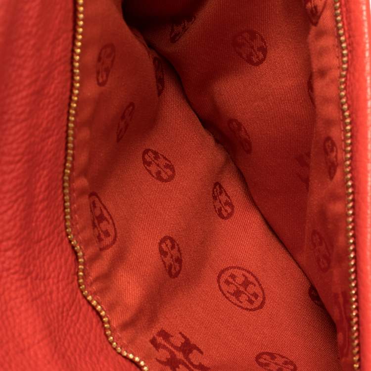 Pre Owned Tory Burch Red Leather Logo Chain Clutch 