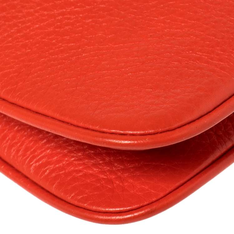 Pre Owned Tory Burch Red Leather Logo Chain Clutch 