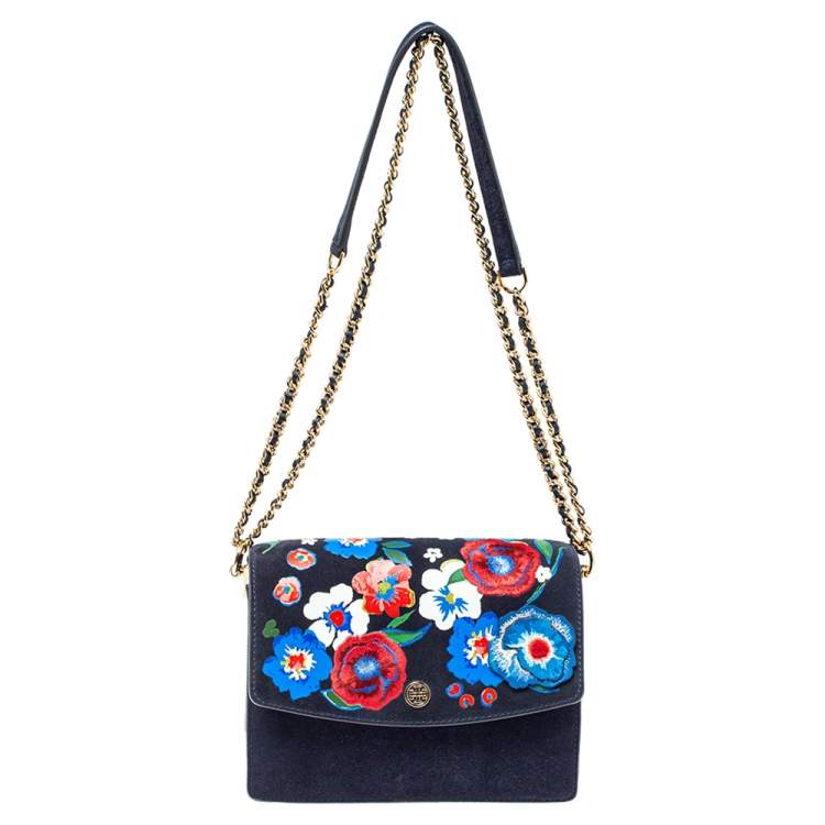 Tory Burch Dark Blue Suede Parker Floral Applique Shoulder Bag Tory Burch The Luxury Closet