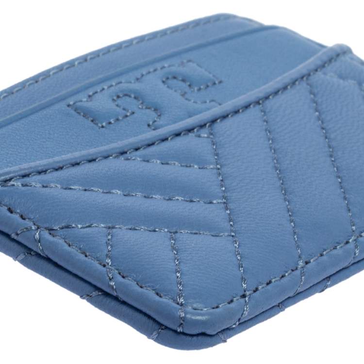 Pre Owned Tory Burch Cornflower Blue Quilted Leather Card Holder