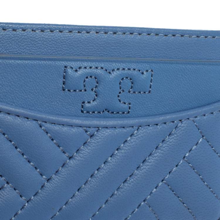Pre Owned Tory Burch Cornflower Blue Quilted Leather Card Holder
