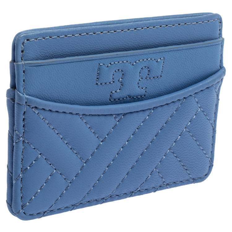 Pre Owned Tory Burch Cornflower Blue Quilted Leather Card Holder