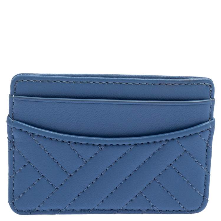 Pre Owned Tory Burch Cornflower Blue Quilted Leather Card Holder