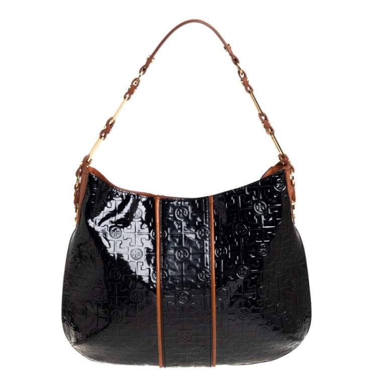Pre Owned Tory Burch Black Monogram Embossed Patent Leather Snap Hobo