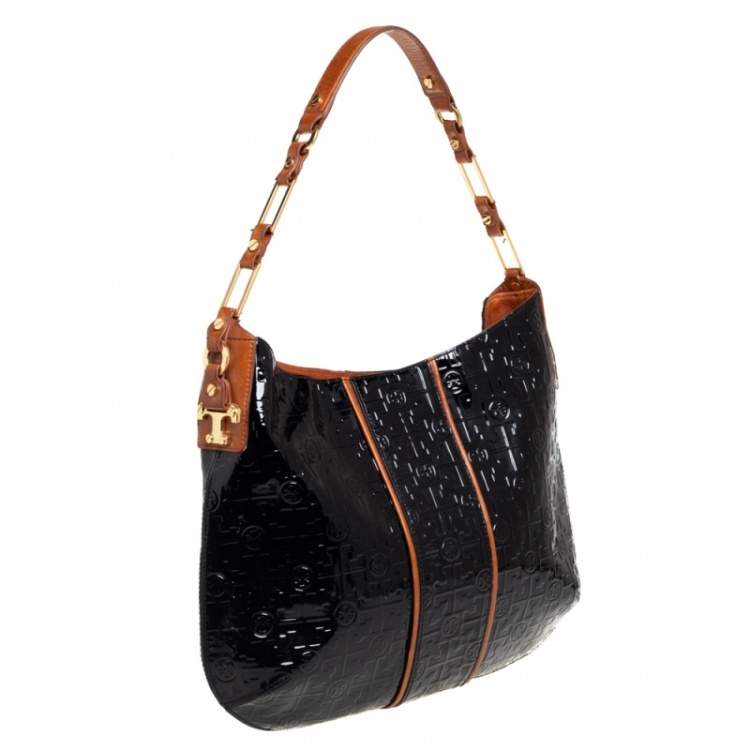 Pre Owned Tory Burch Black Monogram Embossed Patent Leather Snap Hobo