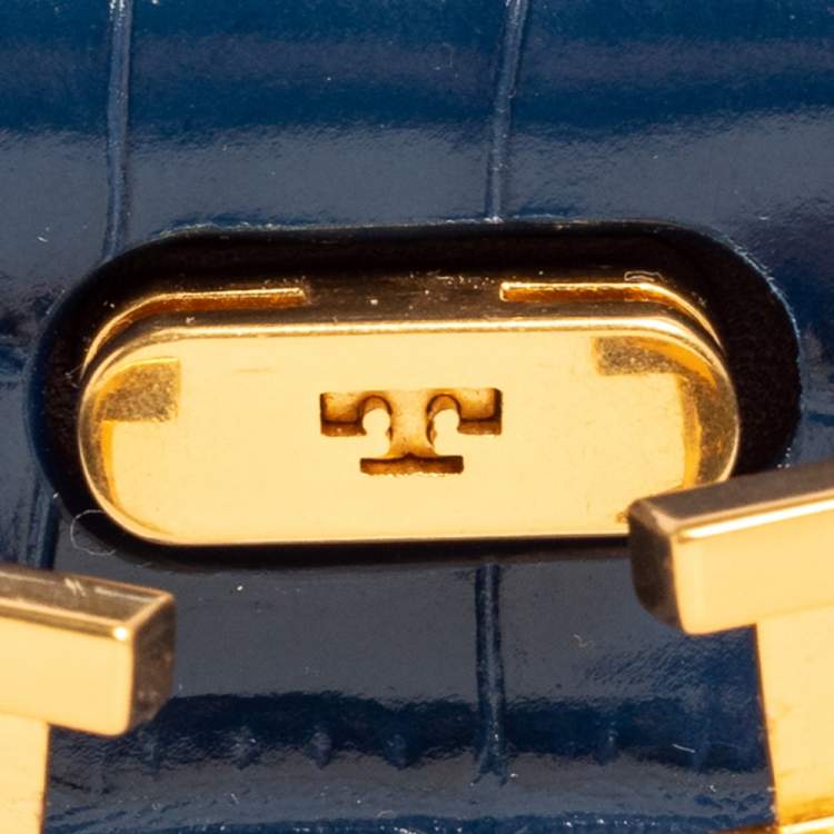 Pre Owned Tory Burch Blue Croc Embossed Leather Lee Radziwill Petite Top Handle Bag