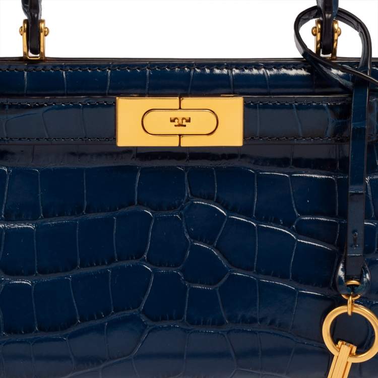 Pre Owned Tory Burch Blue Croc Embossed Leather Lee Radziwill Petite Top Handle Bag