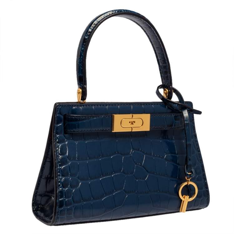 Pre Owned Tory Burch Blue Croc Embossed Leather Lee Radziwill Petite Top Handle Bag