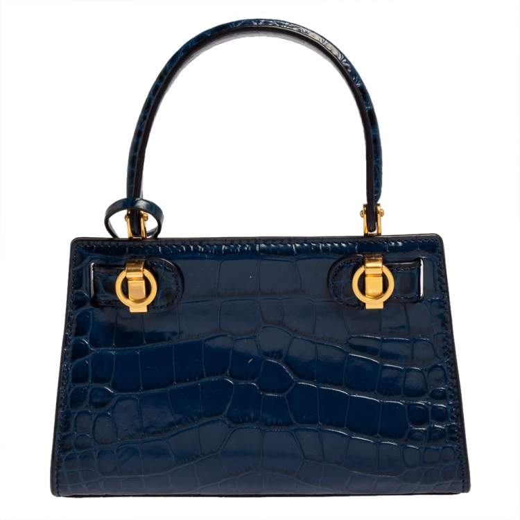 Pre Owned Tory Burch Blue Croc Embossed Leather Lee Radziwill Petite Top Handle Bag