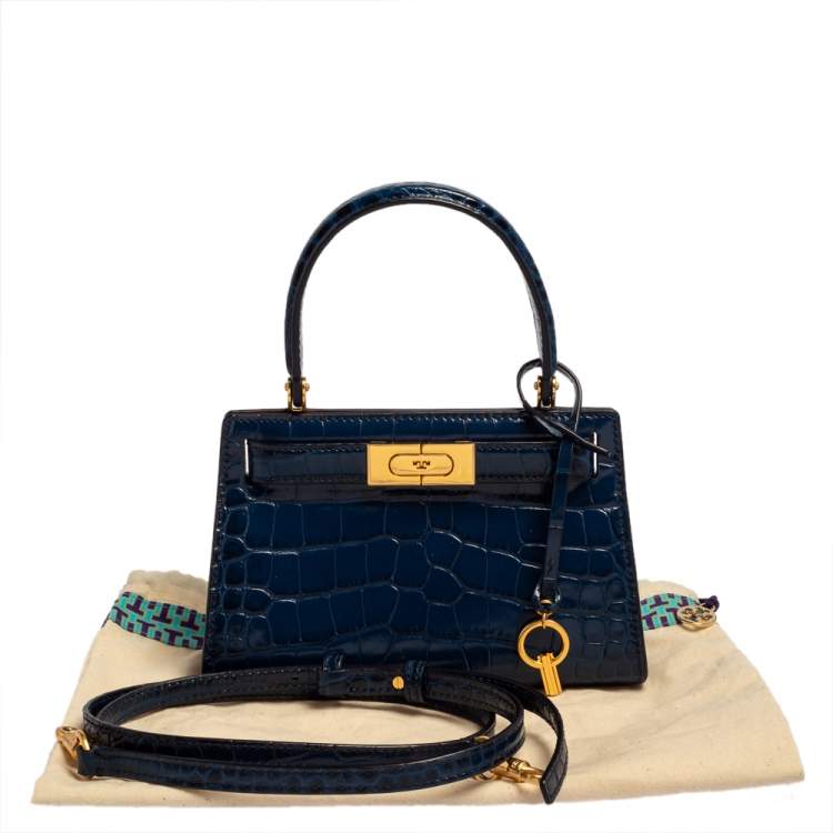Pre Owned Tory Burch Blue Croc Embossed Leather Lee Radziwill Petite Top Handle Bag