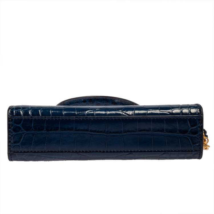 Pre Owned Tory Burch Blue Croc Embossed Leather Lee Radziwill Petite Top Handle Bag