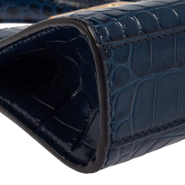 Pre Owned Tory Burch Blue Croc Embossed Leather Lee Radziwill Petite Top Handle Bag