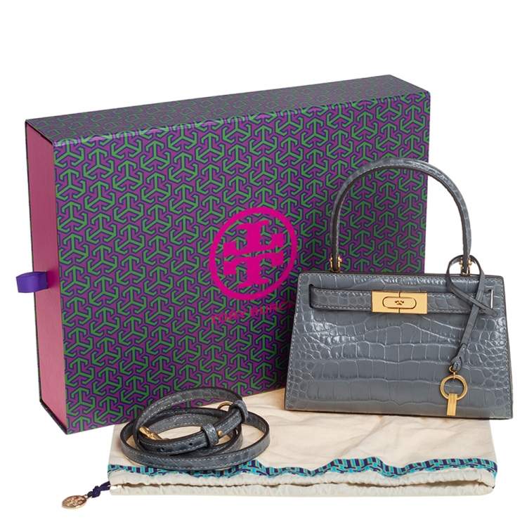 Pre Owned Tory Burch Grey Croc Embossed Leather Petite Lee Radziwill Top Handle Bag