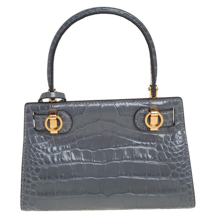 Pre Owned Tory Burch Grey Croc Embossed Leather Petite Lee Radziwill Top Handle Bag