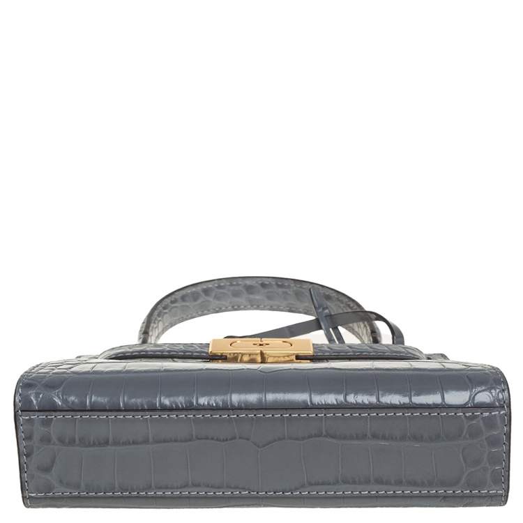 Pre Owned Tory Burch Grey Croc Embossed Leather Petite Lee Radziwill Top Handle Bag