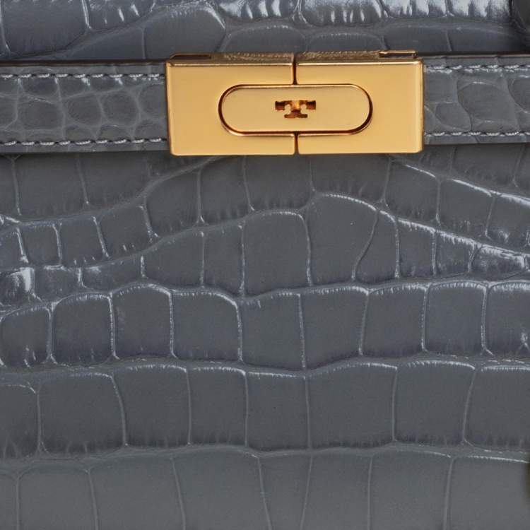 Pre Owned Tory Burch Grey Croc Embossed Leather Petite Lee Radziwill Top Handle Bag