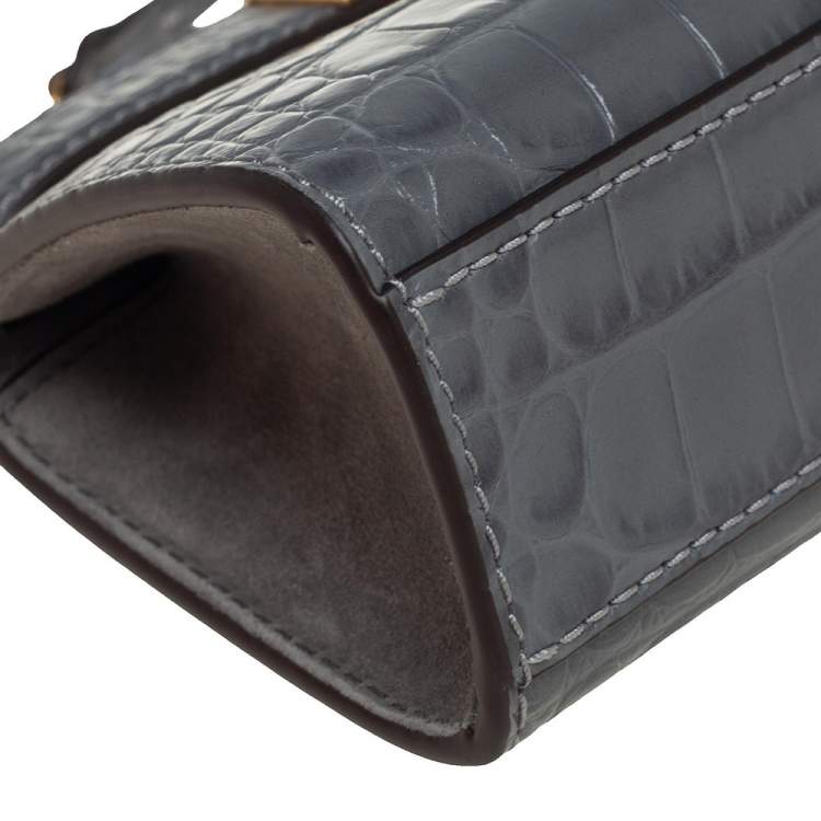 Pre Owned Tory Burch Grey Croc Embossed Leather Petite Lee Radziwill Top Handle Bag