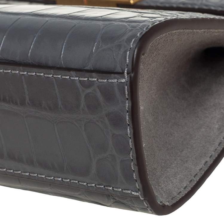 Pre Owned Tory Burch Grey Croc Embossed Leather Petite Lee Radziwill Top Handle Bag