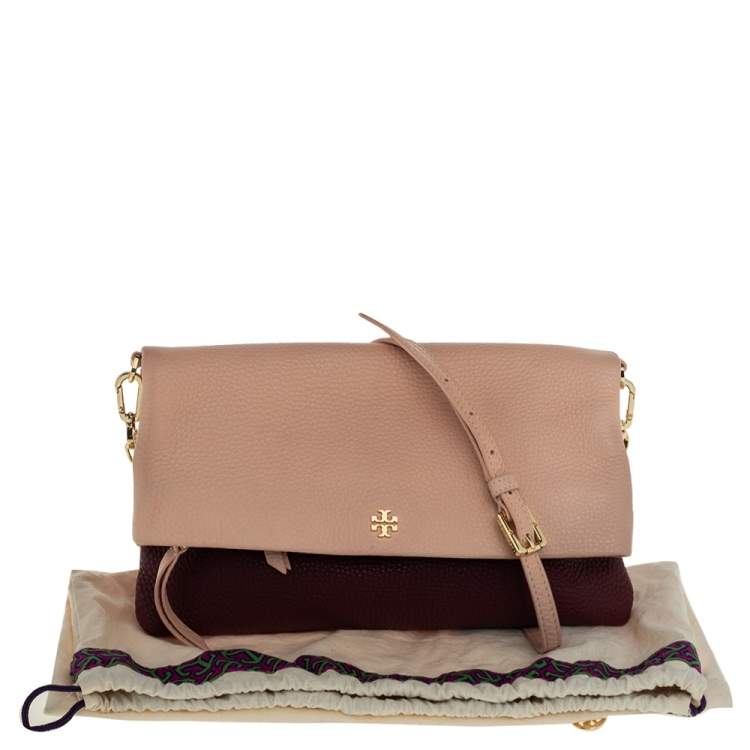 Pre Owned Tory Burch Bordeaux/Peach Grained Leather Fold Over Clutch Bag