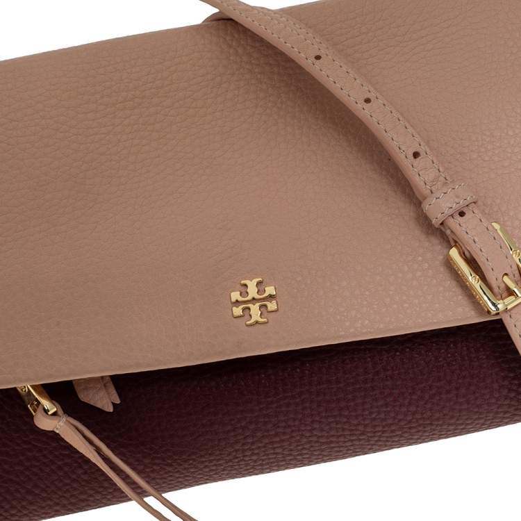 Pre Owned Tory Burch Bordeaux/Peach Grained Leather Fold Over Clutch Bag