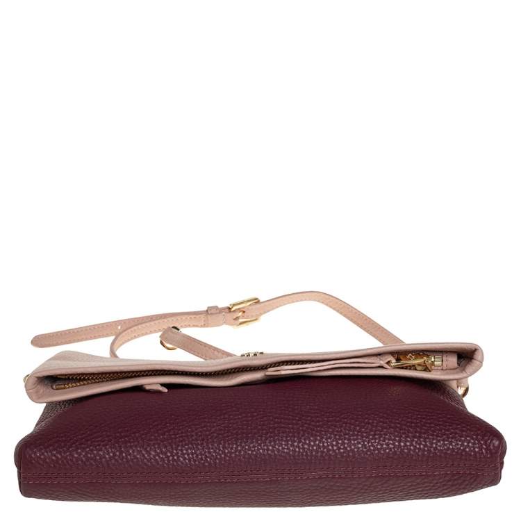 Pre Owned Tory Burch Bordeaux/Peach Grained Leather Fold Over Clutch Bag