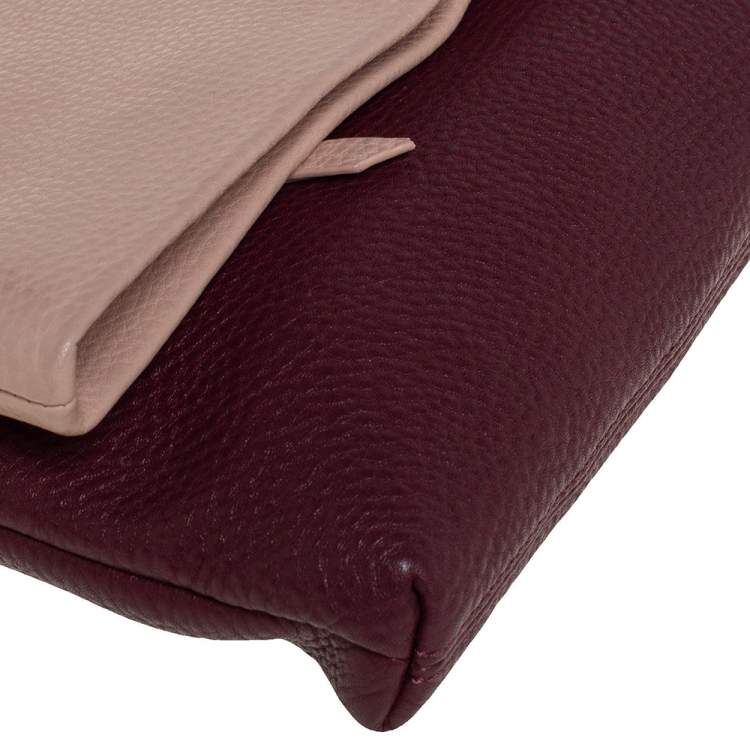 Pre Owned Tory Burch Bordeaux/Peach Grained Leather Fold Over Clutch Bag