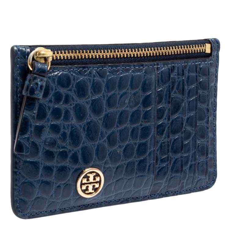 مملوكة مسبقًا Tory Burch Blue Croc Embossed Leather Walker Top Zip Card Holder 