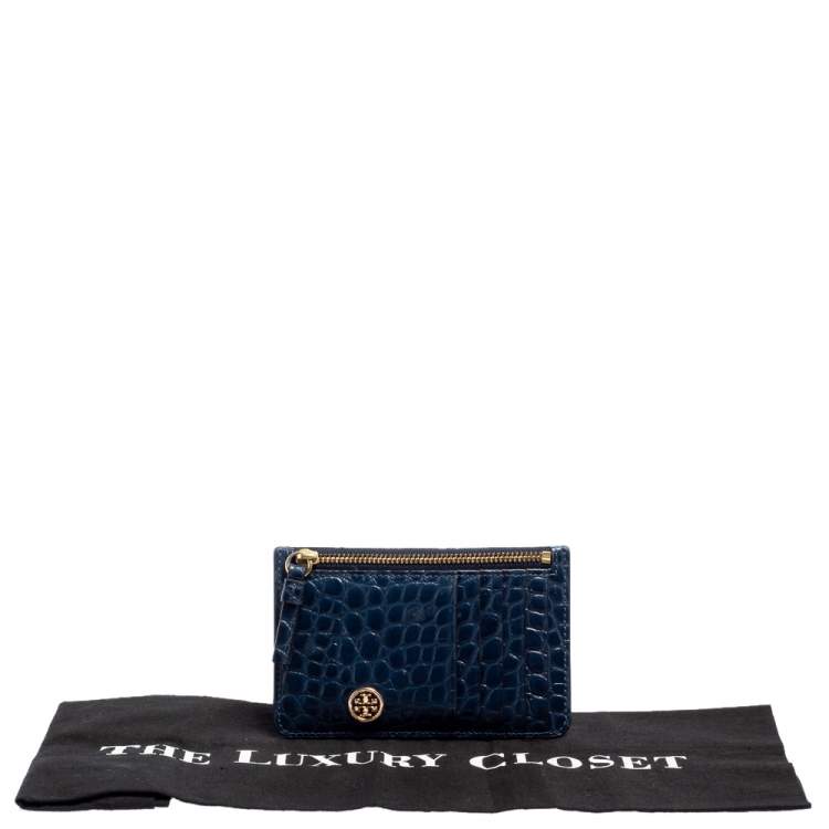 مملوكة مسبقًا Tory Burch Blue Croc Embossed Leather Walker Top Zip Card Holder 