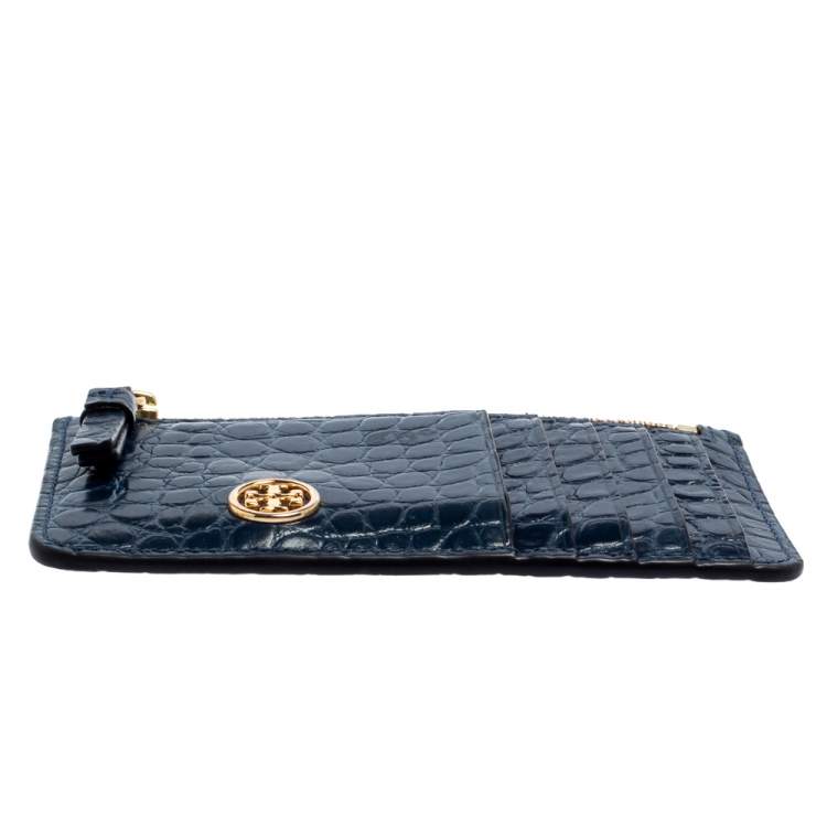 مملوكة مسبقًا Tory Burch Blue Croc Embossed Leather Walker Top Zip Card Holder 
