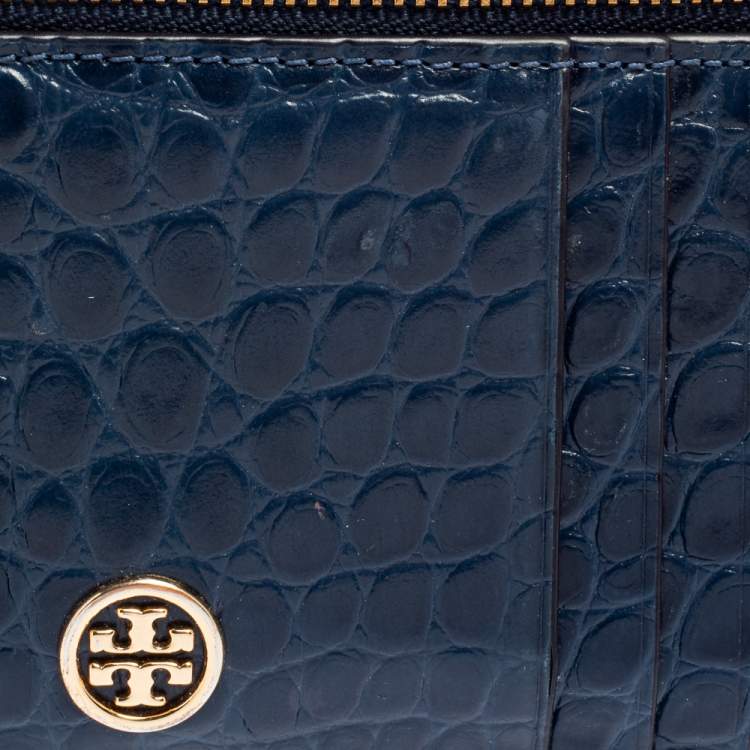 مملوكة مسبقًا Tory Burch Blue Croc Embossed Leather Walker Top Zip Card Holder 