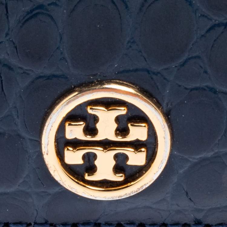 مملوكة مسبقًا Tory Burch Blue Croc Embossed Leather Walker Top Zip Card Holder 