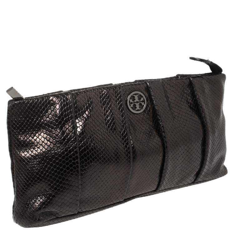 Pre Owned Tory Burch Black Python Embossed Leather Clutch