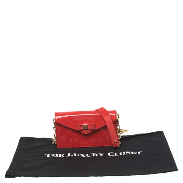 Pre Owned Tory Burch Red Patent Leather Bow Wallet On Chain