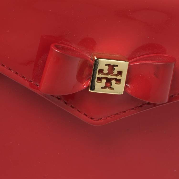 Pre Owned Tory Burch Red Patent Leather Bow Wallet On Chain