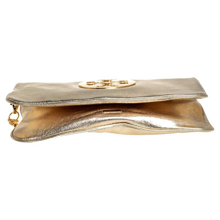 Pre Owned Tory Burch Metallic Gold Leather Reva Chain Clutch