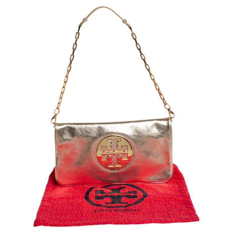 Pre Owned Tory Burch Metallic Gold Leather Reva Chain Clutch