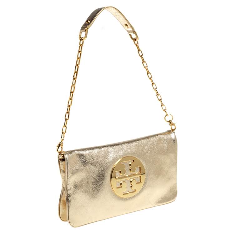 Pre Owned Tory Burch Metallic Gold Leather Reva Chain Clutch