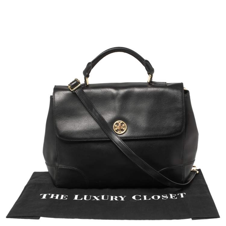 Pre Owned Toy Burch Black Leather Robinson Flap Top Handle Bag