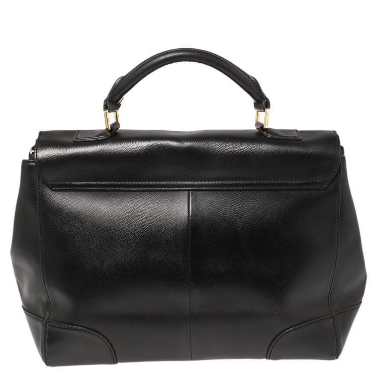 Pre Owned Toy Burch Black Leather Robinson Flap Top Handle Bag