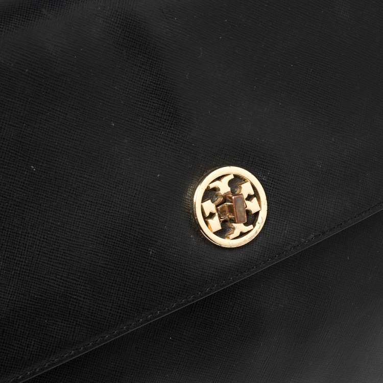 Pre Owned Toy Burch Black Leather Robinson Flap Top Handle Bag