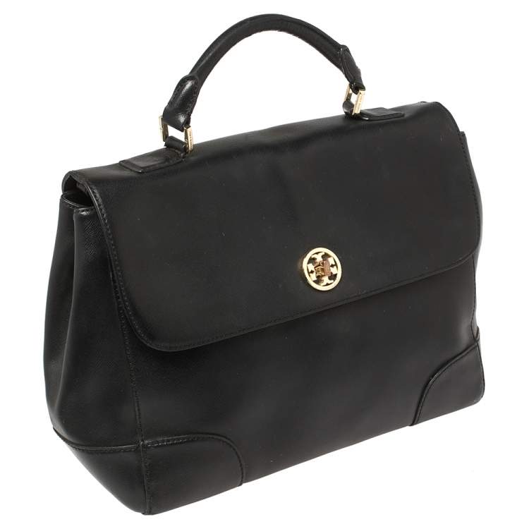 Pre Owned Toy Burch Black Leather Robinson Flap Top Handle Bag