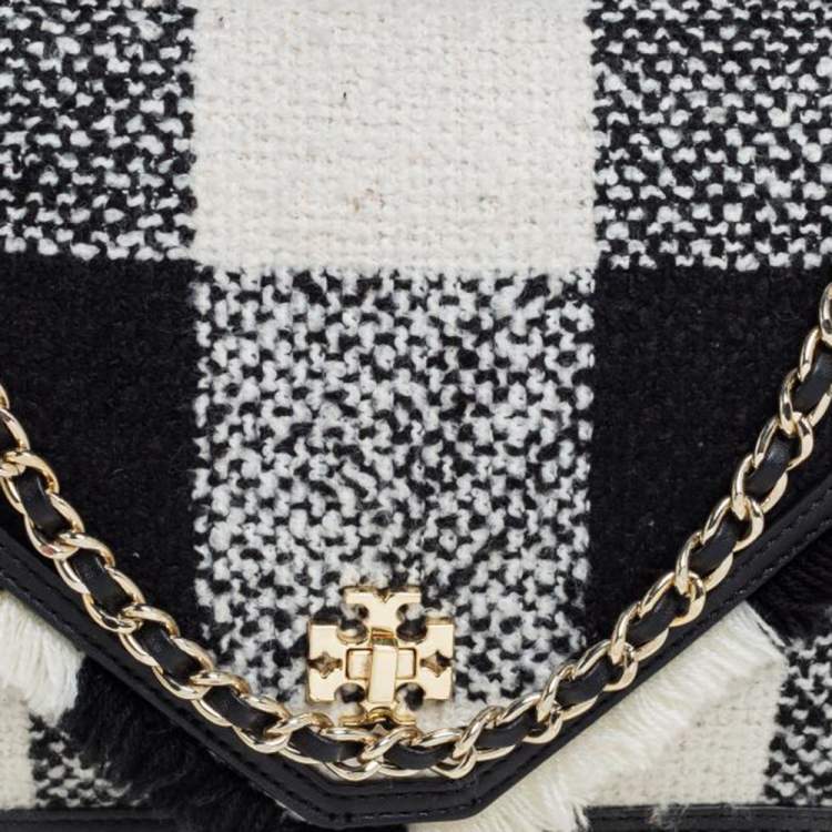 Pre Owned Tory Burch Black/White Checkered Tweed and Leather Kira Envelope Shoulder Bag