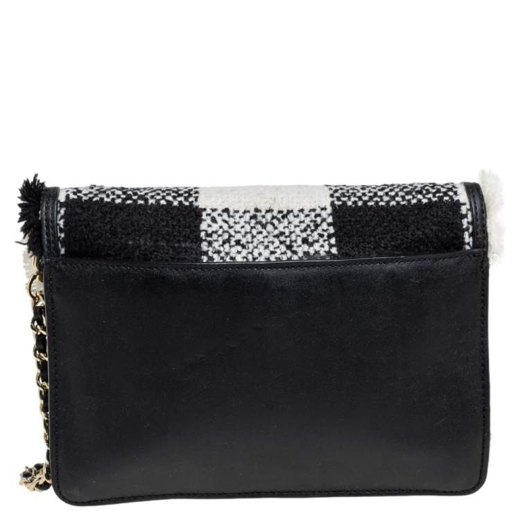 Pre Owned Tory Burch Black/White Checkered Tweed and Leather Kira Envelope Shoulder Bag