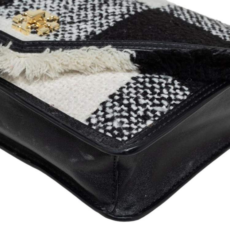 Pre Owned Tory Burch Black/White Checkered Tweed and Leather Kira Envelope Shoulder Bag