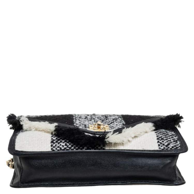 Pre Owned Tory Burch Black/White Checkered Tweed and Leather Kira Envelope Shoulder Bag