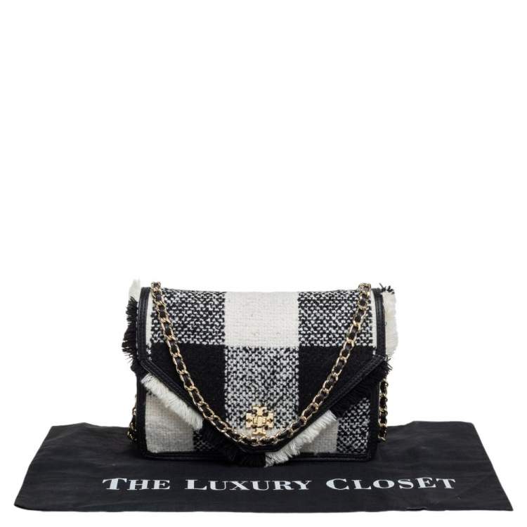 Pre Owned Tory Burch Black/White Checkered Tweed and Leather Kira Envelope Shoulder Bag