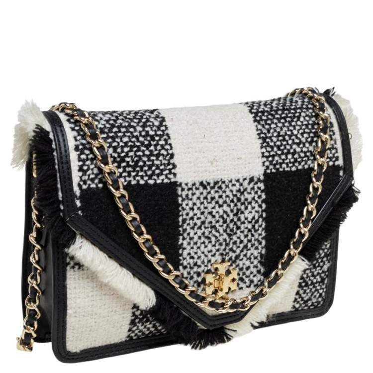 Pre Owned Tory Burch Black/White Checkered Tweed and Leather Kira Envelope Shoulder Bag
